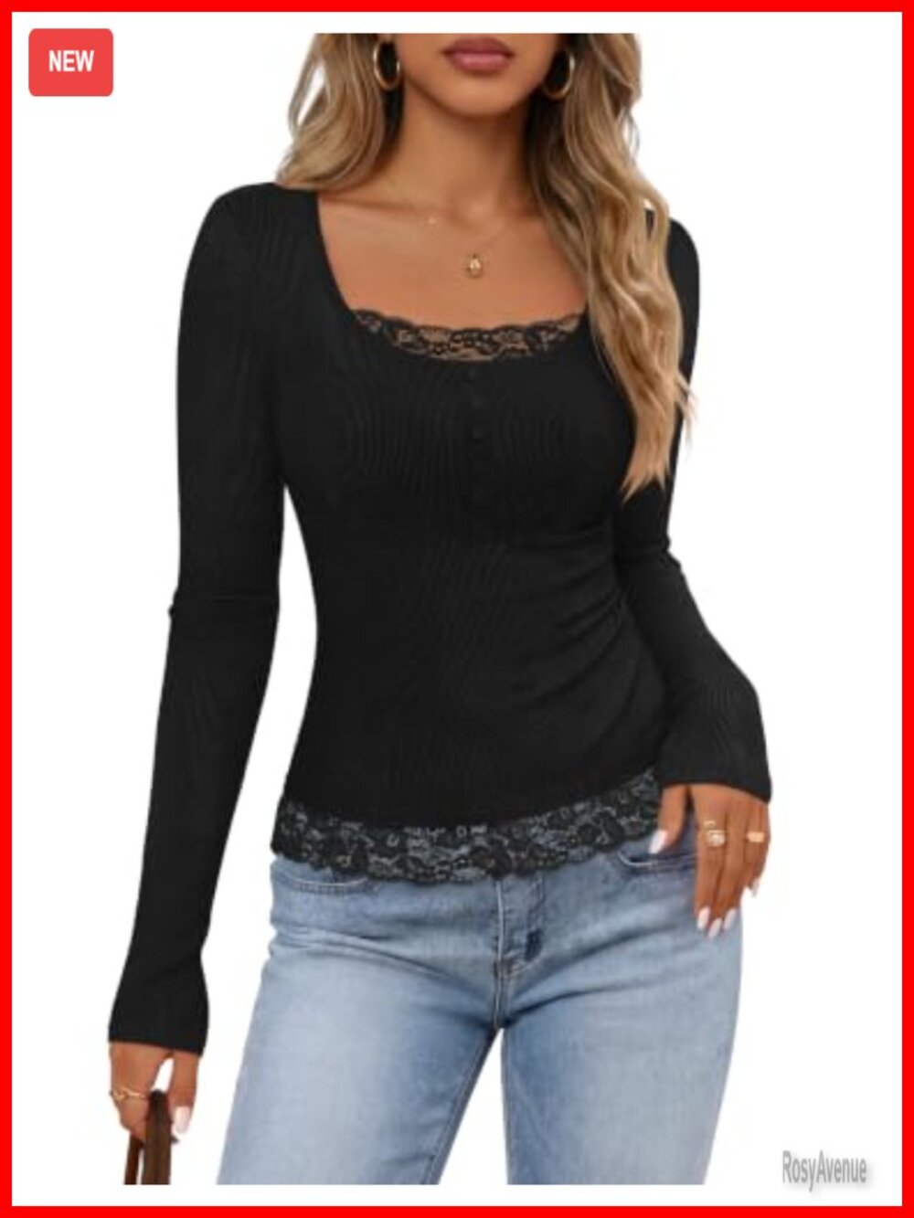 Womens Fall Lace Trim Top Long Sleeve Scoop Neck Ribbed Knit Fitted Blouse